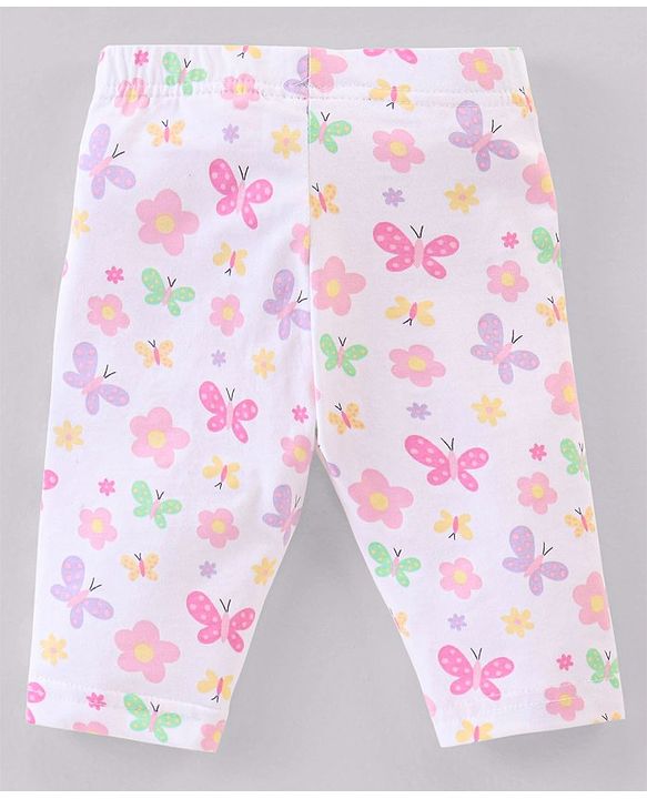Babyhug Cotton Three Fourth Lycra Leggings Dot & Butterfly Print Pack of 3- Purple White & Yellow