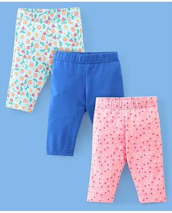 Babyhug Single Jersey Three Fourth Length Leggings Solid & Floral Print Pack Of 3 - Pink Blue & Green