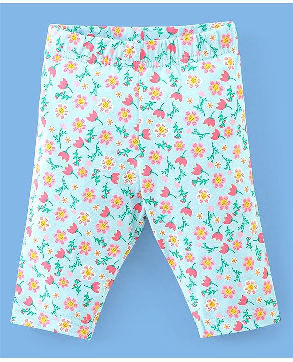 Babyhug Single Jersey Three Fourth Length Leggings Solid & Floral Print Pack Of 3 - Pink Blue & Green