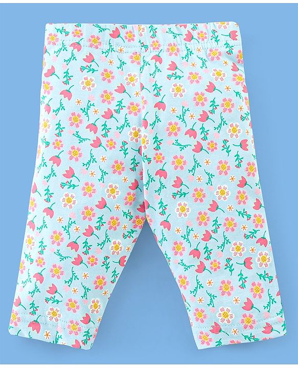 Babyhug Single Jersey Three Fourth Length Leggings Solid & Floral Print Pack Of 3 - Pink Blue & Green