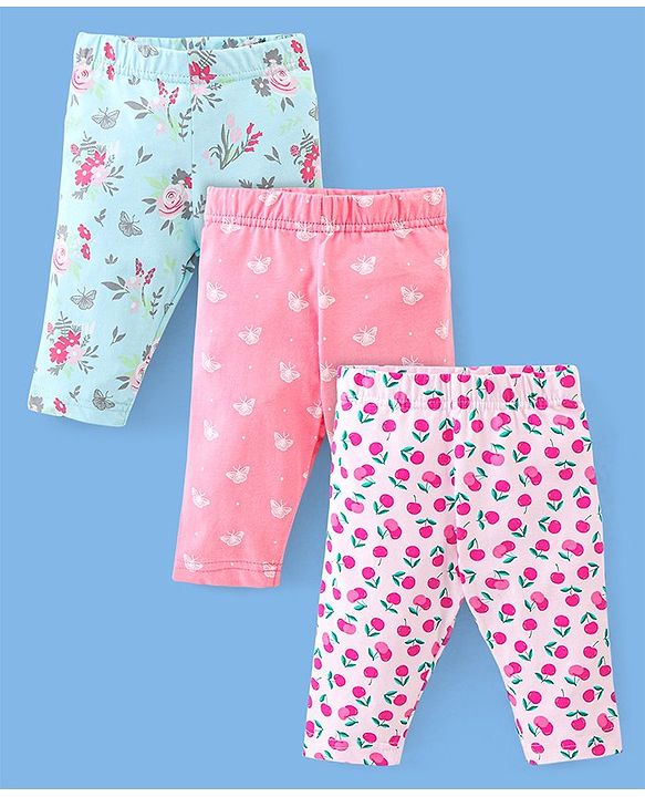 Babyhug Cotton Three Fourth Lycra Leggings Floral & Butterfly Print Pack of 3- Pink Green & White