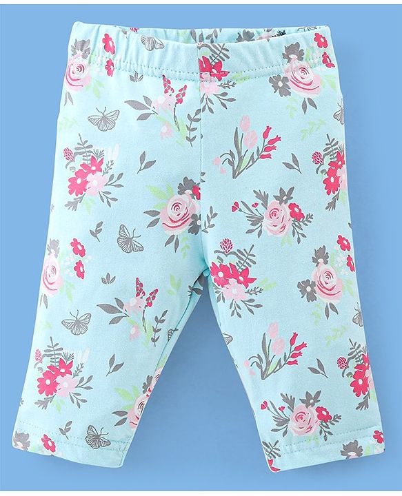 Babyhug Cotton Three Fourth Lycra Leggings Floral & Butterfly Print Pack of 3- Pink Green & White