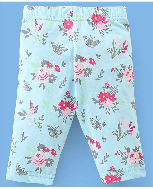 Babyhug Cotton Three Fourth Lycra Leggings Floral & Butterfly Print Pack of 3- Pink Green & White