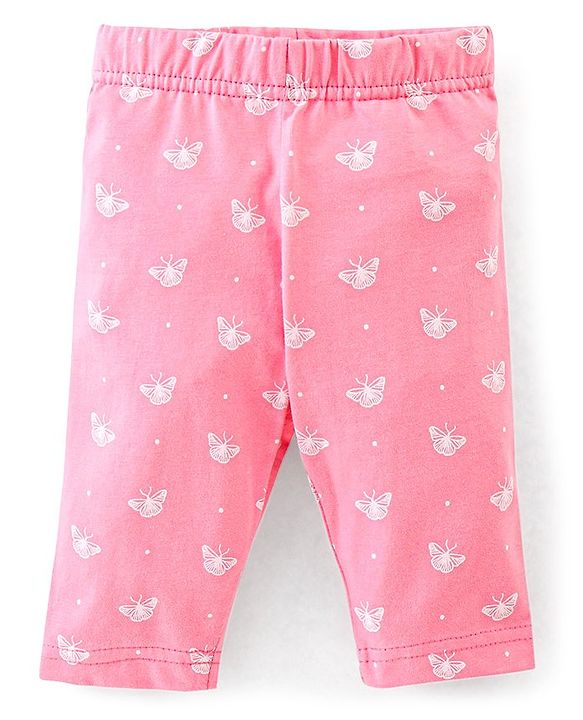 Babyhug Cotton Three Fourth Lycra Leggings Floral & Butterfly Print Pack of 3- Pink Green & White