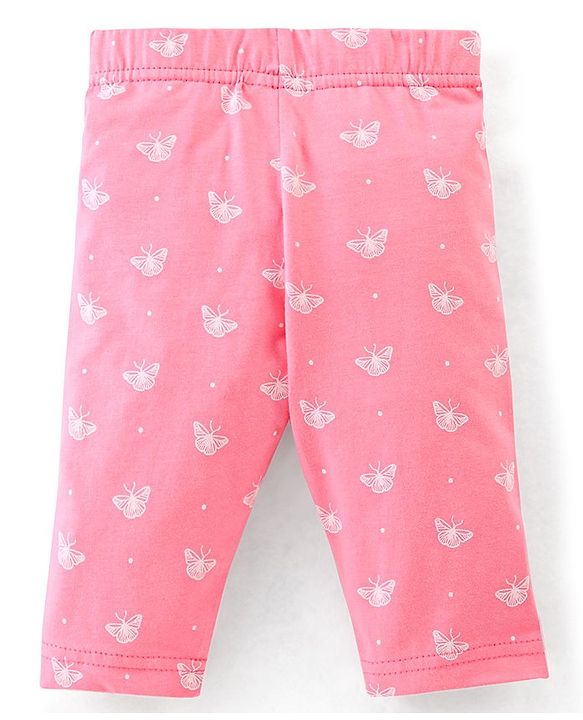 Babyhug Cotton Three Fourth Lycra Leggings Floral & Butterfly Print Pack of 3- Pink Green & White