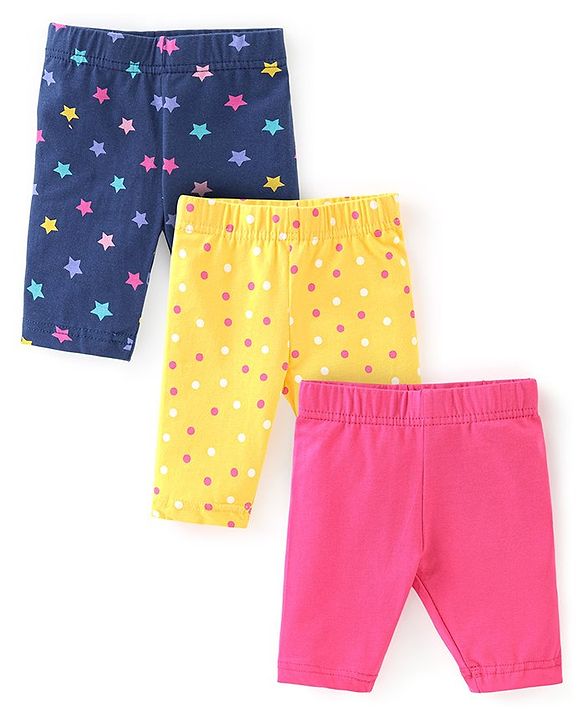 Babyhug Cotton Lycra Three Fourth Length Leggings Star Printed Pack of 3- Multicolour