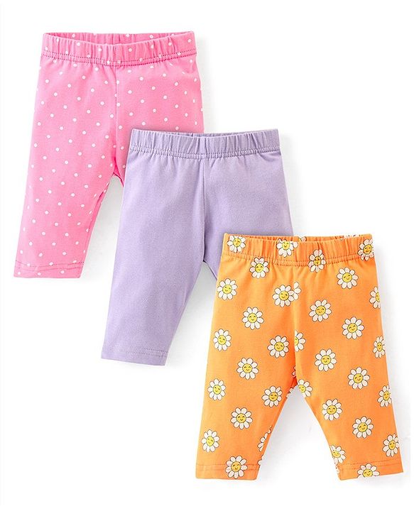 Babyhug Cotton Lycra Three Fourth Length Leggings Solid & Floral Print Pack Of 3 - Pink Orange & Purple