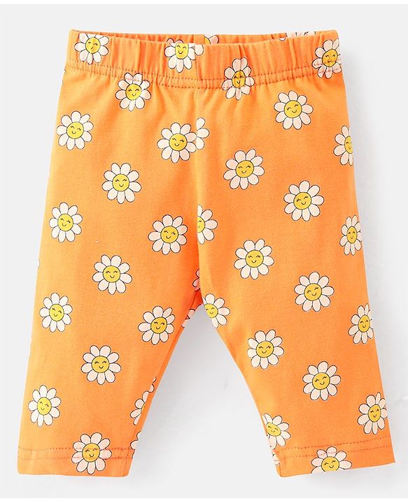 Babyhug Cotton Lycra Three Fourth Length Leggings Solid & Floral Print Pack Of 3 - Pink Orange & Purple