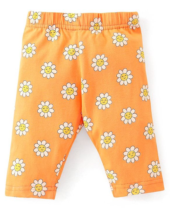 Babyhug Cotton Lycra Three Fourth Length Leggings Solid & Floral Print Pack Of 3 - Pink Orange & Purple