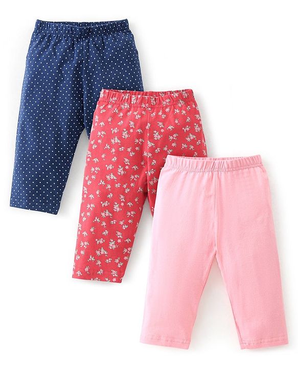 Babyhug Cotton Three Fourth Lycra Leggings Floral Print Pack of 3 - Pink Red & Blue