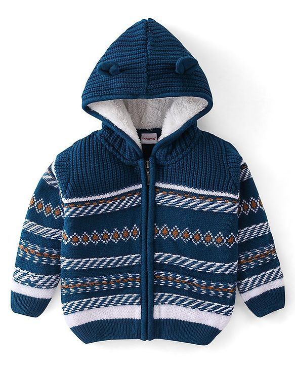 Babyhug Full Sleeves Front Open Hooded Sweater Stripe Design - Navy Blue