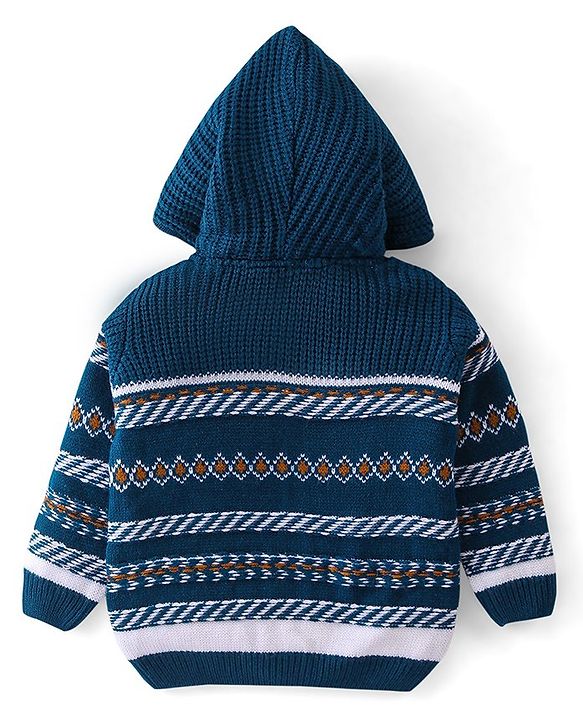 Babyhug Full Sleeves Front Open Hooded Sweater Stripe Design - Navy Blue