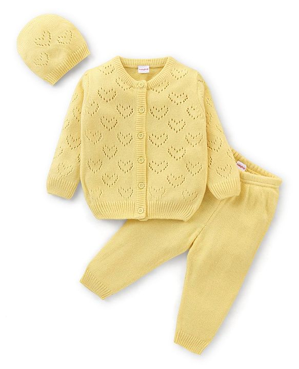 Babyhug Knit Full Sleeves Heart Design Sweater Set with Cap - Yellow