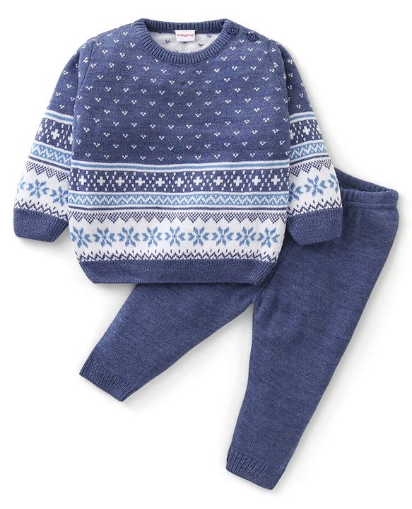 Babyhug Knit Full Sleeves Sweater Set Star Design - Blue