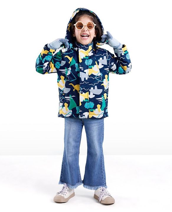 Babyhug Woven Full Sleeves Hooded Jacket Dino Print - Blue
