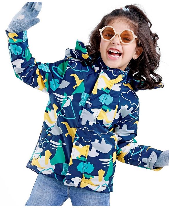 Babyhug Woven Full Sleeves Hooded Jacket Dino Print - Blue
