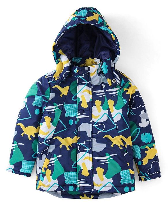 Babyhug Woven Full Sleeves Hooded Jacket Dino Print - Blue