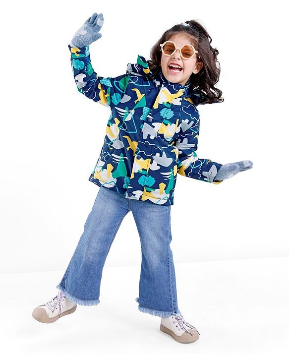 Babyhug Woven Full Sleeves Hooded Jacket Dino Print - Blue