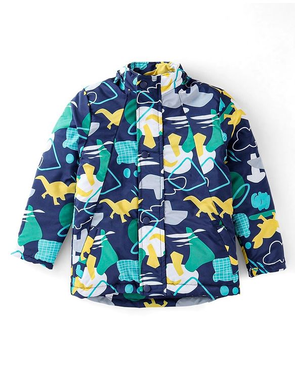 Babyhug Woven Full Sleeves Hooded Jacket Dino Print - Blue