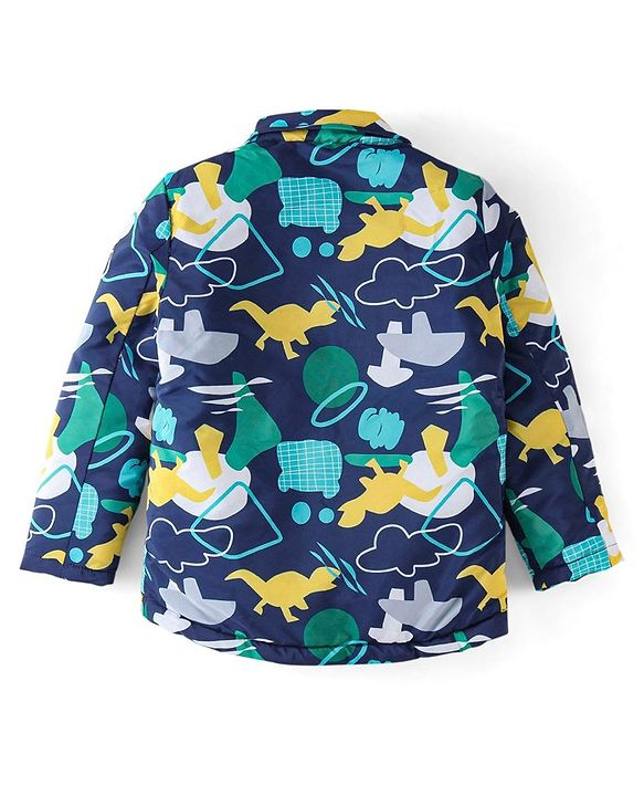 Babyhug Woven Full Sleeves Hooded Jacket Dino Print - Blue