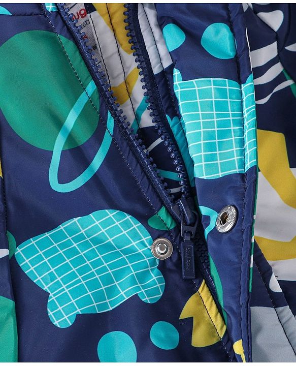 Babyhug Woven Full Sleeves Hooded Jacket Dino Print - Blue
