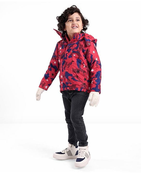Babyhug Full Sleeves Jacket With Detachable Hood Camouflage Print - Red