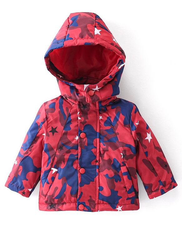 Babyhug Full Sleeves Jacket With Detachable Hood Camouflage Print - Red
