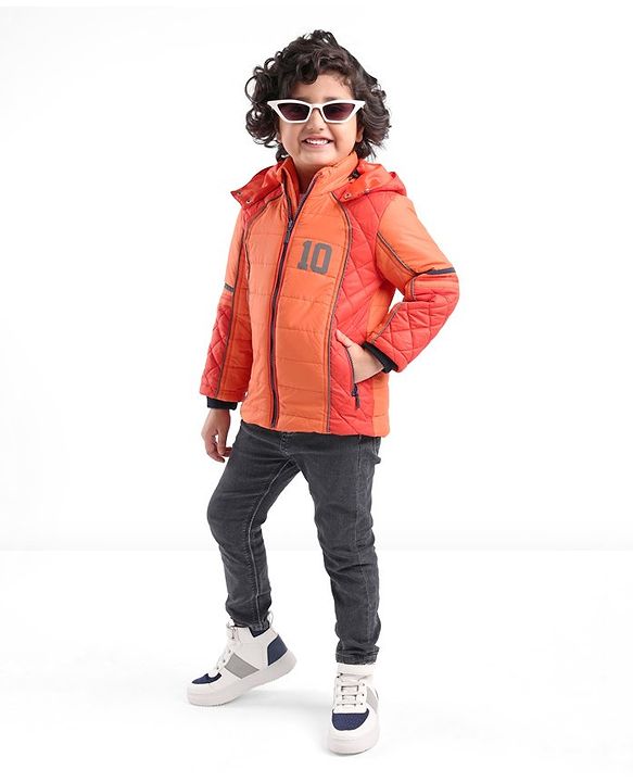 Babyhug Woven Full Sleeves Hoodie Number Print - Orange