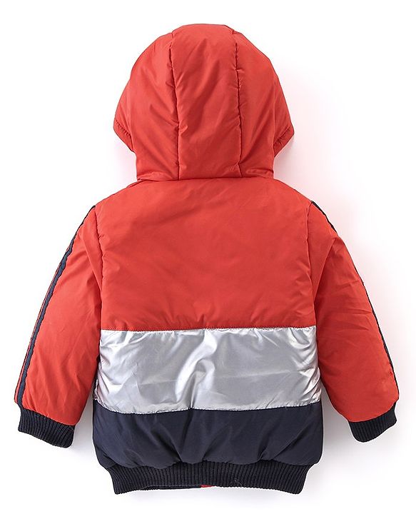 Babyhug Woven Full Sleeves Striped Hoodie - Red & Silver