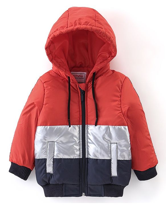 Babyhug Woven Full Sleeves Striped Hoodie - Red & Silver