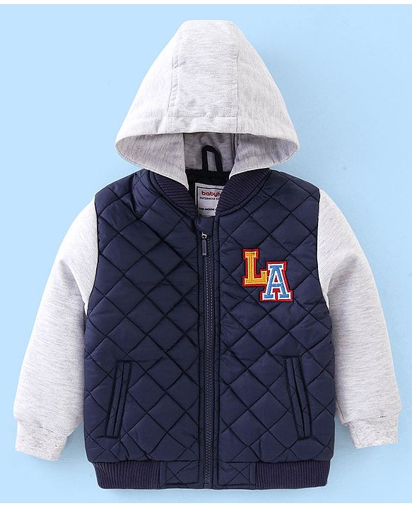Babyhug Woven Full Sleeves Quilted Winter Jacket Text Embroidery - Navy Blue