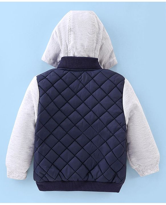 Babyhug Woven Full Sleeves Quilted Winter Jacket Text Embroidery - Navy Blue