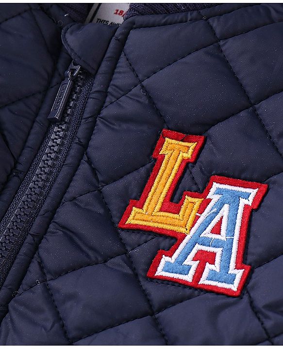 Babyhug Woven Full Sleeves Quilted Winter Jacket Text Embroidery - Navy Blue