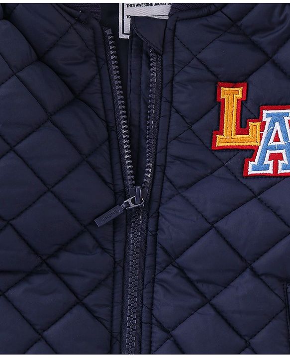 Babyhug Woven Full Sleeves Quilted Winter Jacket Text Embroidery - Navy Blue