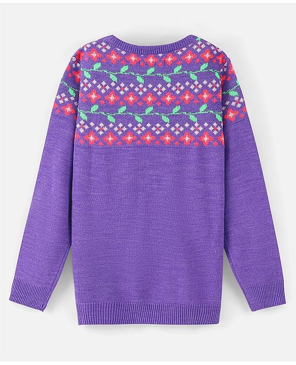 Pine Kids Full Sleeves Fine Knit Floral Sweater - Purple