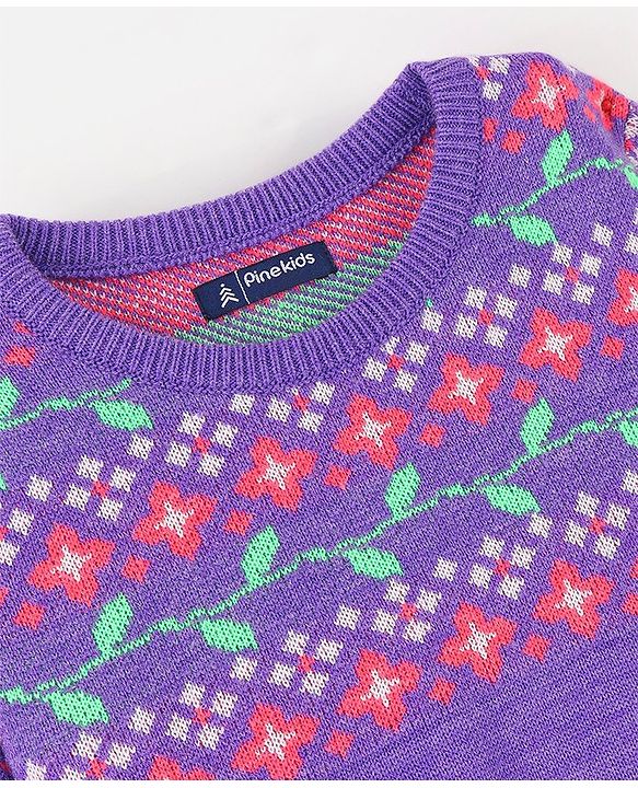 Pine Kids Full Sleeves Fine Knit Floral Sweater - Purple