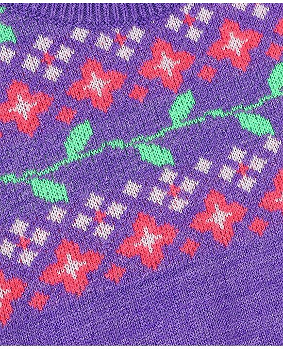 Pine Kids Full Sleeves Fine Knit Floral Sweater - Purple