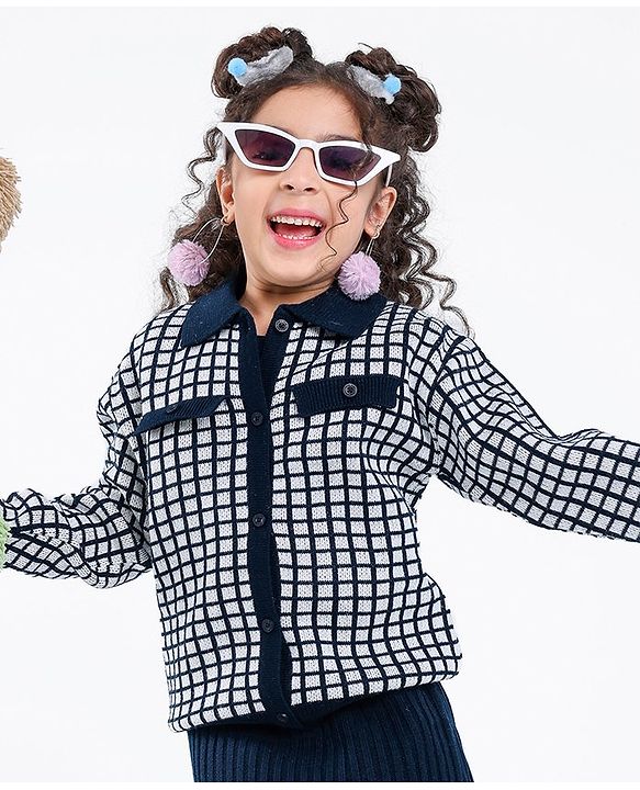 Pine Kids Knit Full Sleeves Sweater Set Checkered - Blue