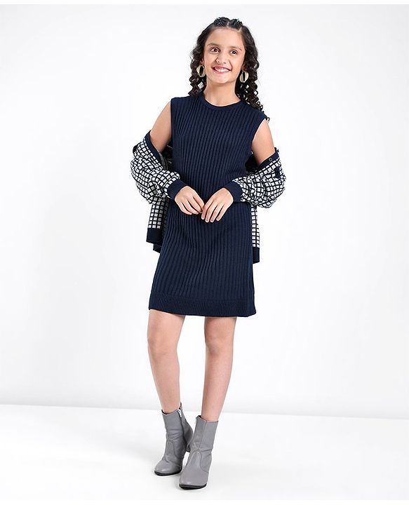 Pine Kids Knit Full Sleeves Sweater Set Checkered - Blue