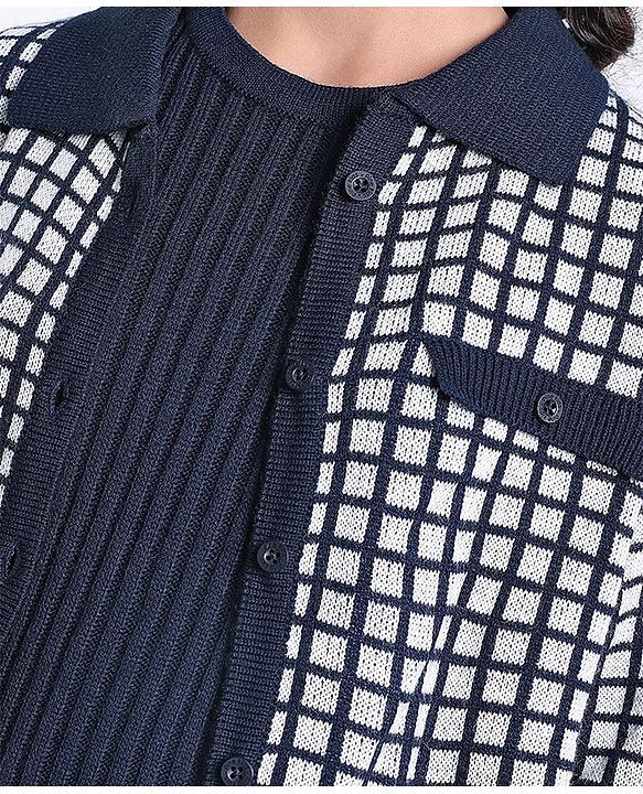 Pine Kids Knit Full Sleeves Sweater Set Checkered - Blue