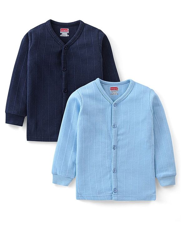Babyhug Cotton Full Sleeves Thermal Wear Striped Pack Of 2 - Blue & Navy Blue