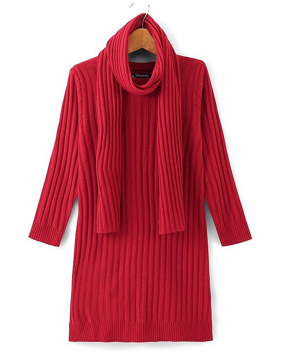 Pine Kids Full Sleeve Woolen Dress With Scarf - Red