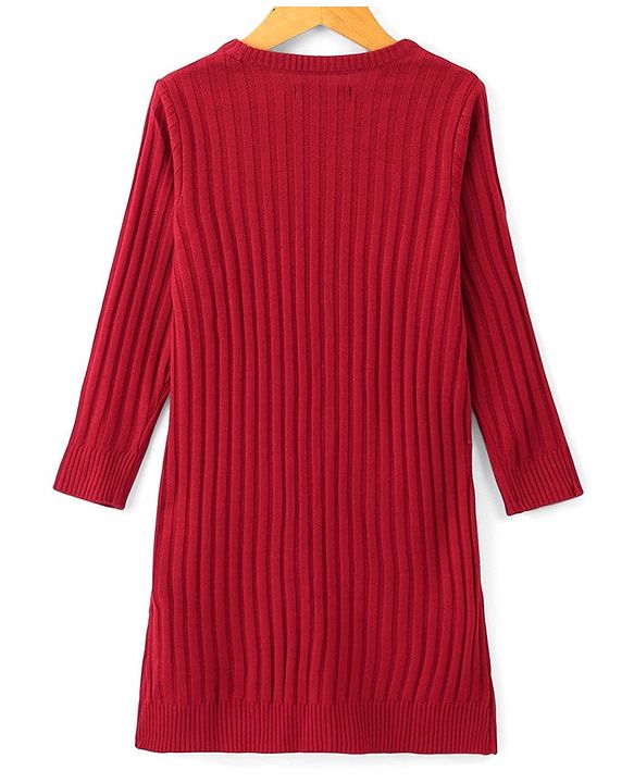 Pine Kids Full Sleeve Woolen Dress With Scarf - Red