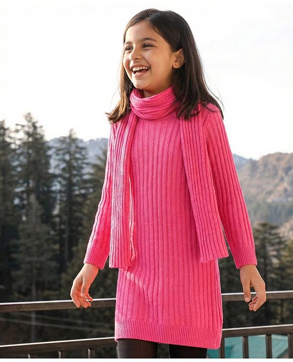 Pine Kids Full Sleeve Woolen Dress With Scarf - Pink