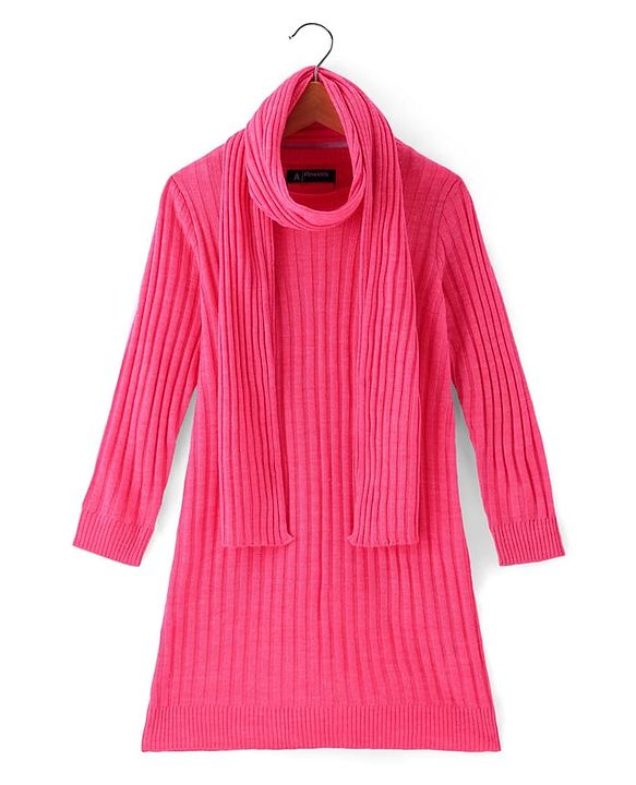 Pine Kids Full Sleeve Woolen Dress With Scarf - Pink