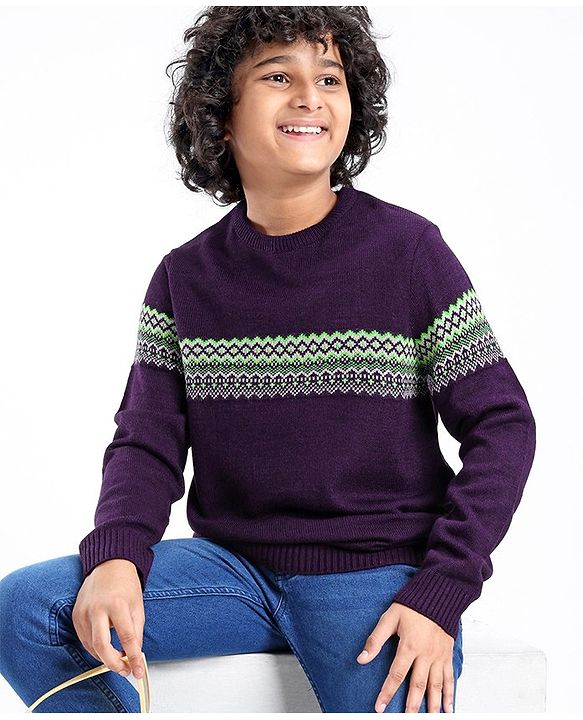 Pine Kids Knit Full Sleeves Fair Isle Design Sweater - Violet