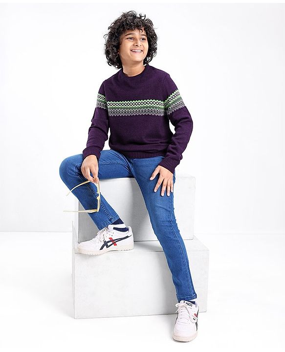 Pine Kids Knit Full Sleeves Fair Isle Design Sweater - Violet