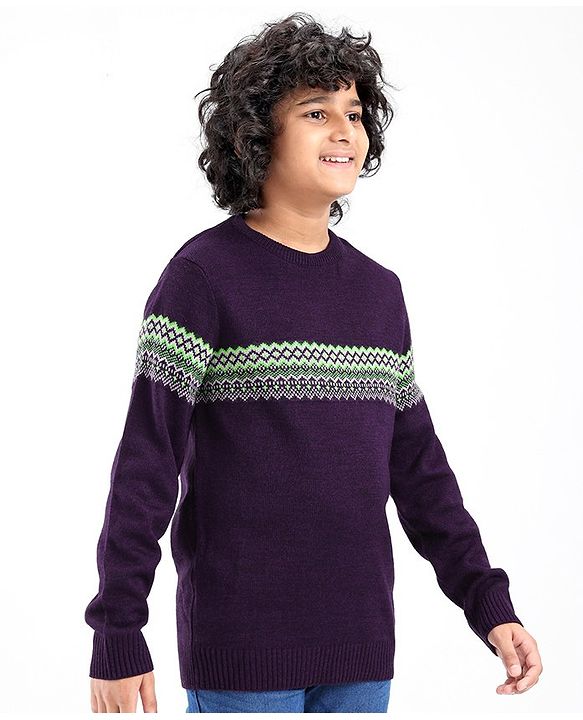 Pine Kids Knit Full Sleeves Fair Isle Design Sweater - Violet