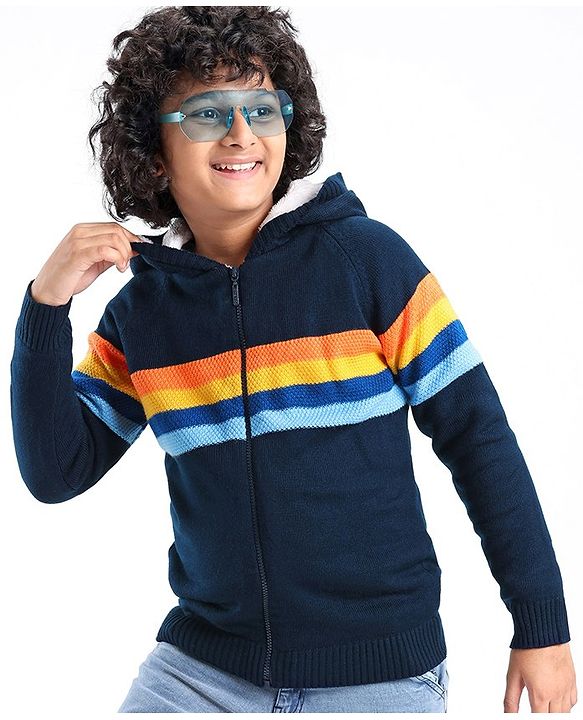 Pine Kids Full Sleeves Hooded Sweater with Zipper & Multicolour Stripes Design - Navy Blue