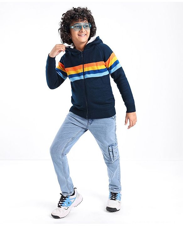 Pine Kids Full Sleeves Hooded Sweater with Zipper & Multicolour Stripes Design - Navy Blue